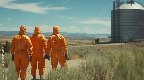 Three people in orange hazmat suits walking toward a large industrial storage tank in a rural landscape under clear skies