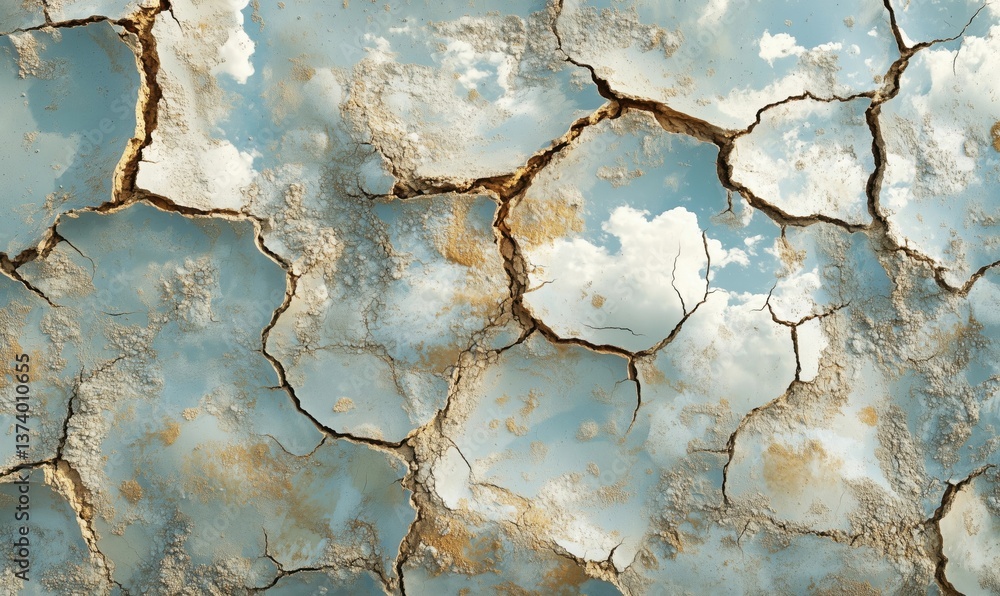 Naklejka premium Cracked Earth Surface Reflecting Blue Sky and Clouds in Dry Environment