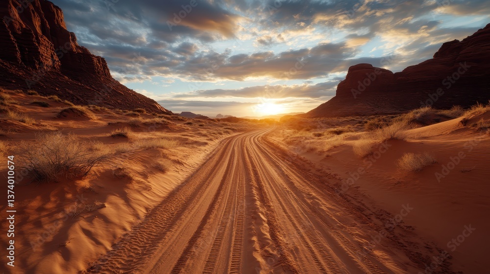 Naklejka premium A breathtaking view of a winding desert road leading into the sunset, surrounded by sprawling sand dunes and dramatic rock formations under a vibrant sky, showcasing solitude.