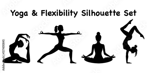 yoga and flexibility silhouette set, meditation and stretching vector bundle, wellness collection