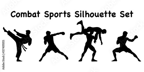 combat sports silhouette set, boxing mma martial arts vector bundle, fighting collection