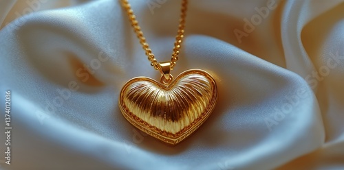 Elegant Golden Heart Necklace Resting on Soft Satin Fabric in Warm Light