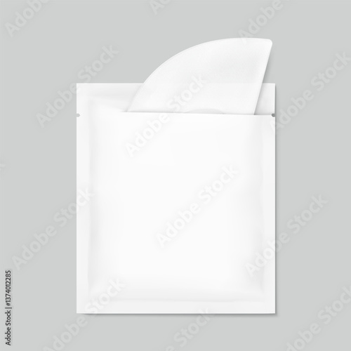 Torn sachet bag mockup for facial mask, single wet wipe and etc. Vector illustration isolated on grey background. Flat lay view. Can be use for template your design, presentation, promo, ad. EPS10.