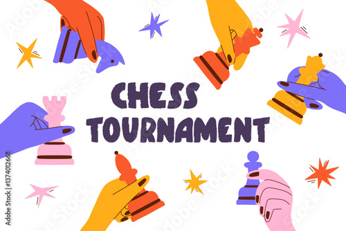 Poster with hands move chess pieces. Vector banner design for chess tournament in groovy stile. Cartoon illustration