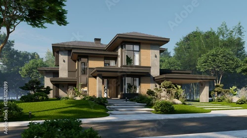 4K video rendering of modern two story house with gray and wood accents, large windows for sale or rent in luxurious style. Clear sunny summer day with blue sky.