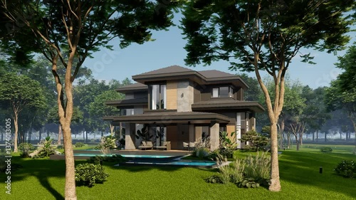 4K video rendering of modern two story house with gray and wood accents, large windows for sale or rent in luxurious style. Clear sunny summer day with blue sky.