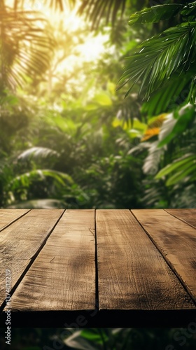 Natural Forest Background With Wooden Table and Lush Green Foliage in Soft Mo...