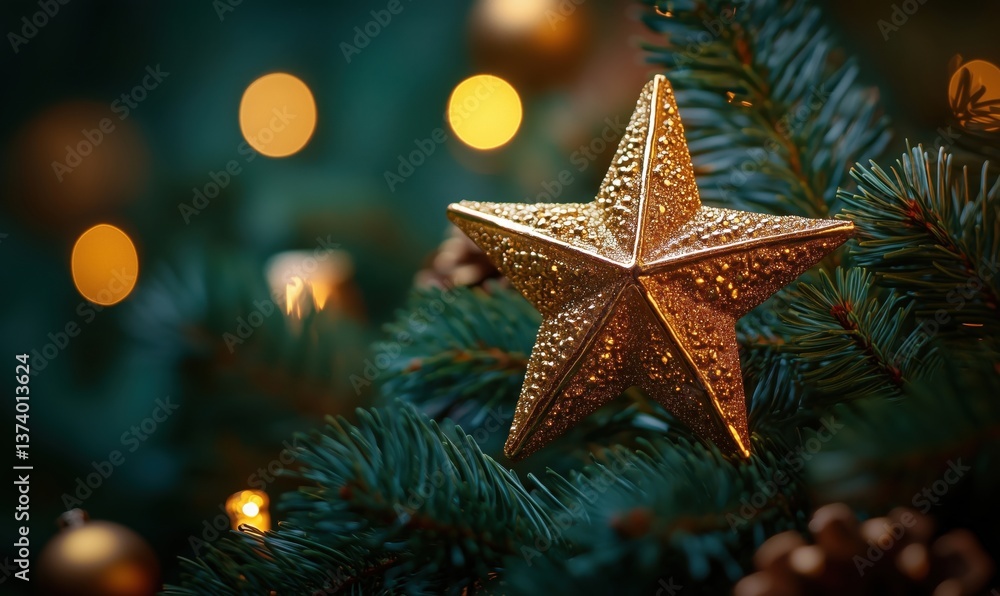 Golden star ornament on Christmas tree with warm bokeh lights in background Golden star ornament on Christmas tree with warm bokeh lights in background