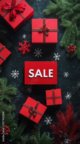 Red Gift Boxes and Festive Decorations Create Cheerful Holiday Sale Atmosphere