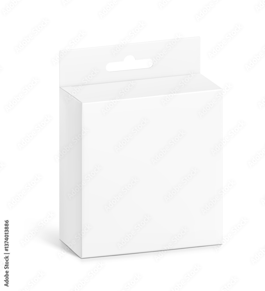 Hanging packaging box mockup. Half side view. Vector illustration isolated on white background. Can be use of cosmetics, electronic and mobile accessories. Ready for your design. EPS10. Hanging packaging box mockup. Half side view. Vector illustration isolated on white background. Can be use of cosmetics, electronic and mobile accessories. Ready for your design. EPS10.