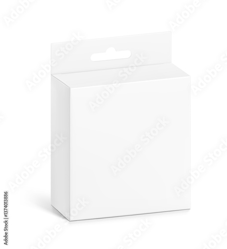 Hanging packaging box mockup. Half side view. Vector illustration isolated on white background. Can be use of cosmetics, electronic and mobile accessories. Ready for your design. EPS10.