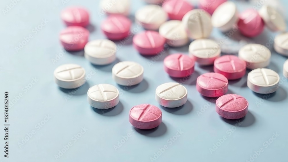 Assorted round tablets in pink and white shades on light blue background. Assorted round tablets in pink and white shades on light blue background.