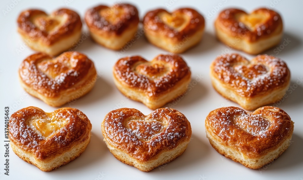 Heart-shaped pastries arranged in a delightful pattern with powdered sugar topping Heart-shaped pastries arranged in a delightful pattern with powdered sugar topping