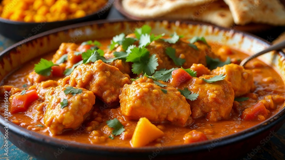 Close-up of chicken tikka masala with naan and vibrant side dishes Close-up of chicken tikka masala with naan and vibrant side dishes
