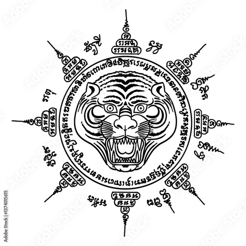 Thai traditional tattoo. Yant Paed Tidt with Tiger Face. Thai text translation:  representing a protective symbol. 