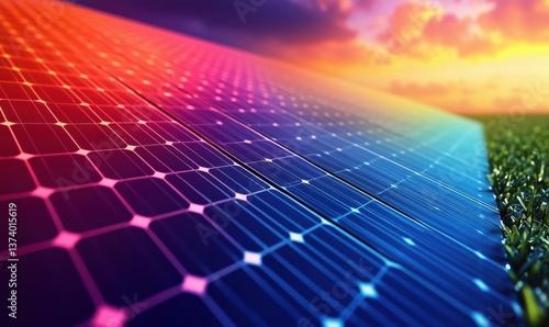 Vibrant solar panels reflecting sunset colors in renewable energy landscape