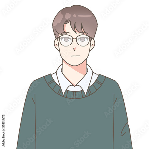 Minimalist Anime Boy with Glasses and Sweater