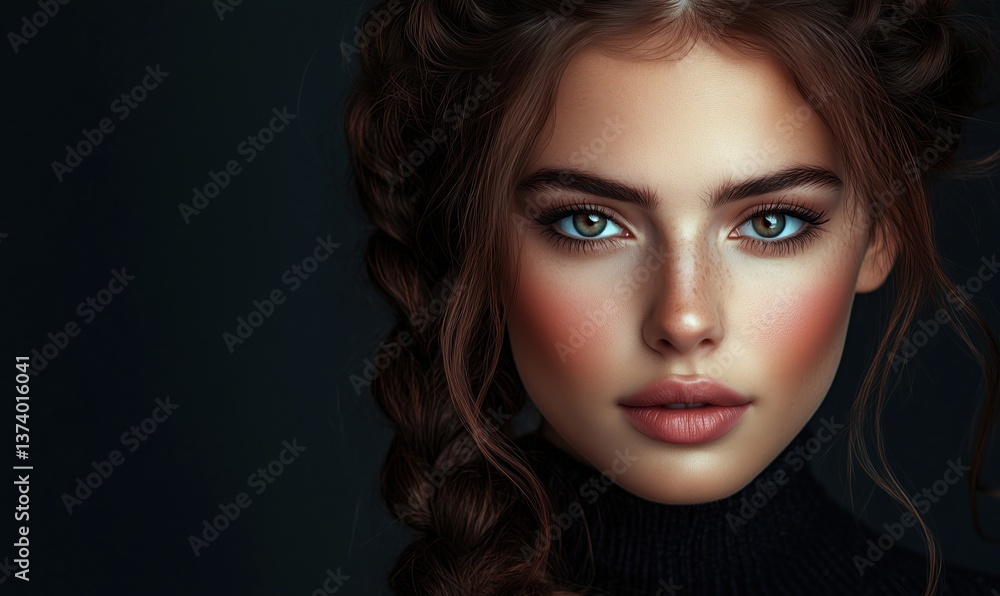 Fototapeta premium Stunning portrait of young woman with braided hair and captivating blue eyes
