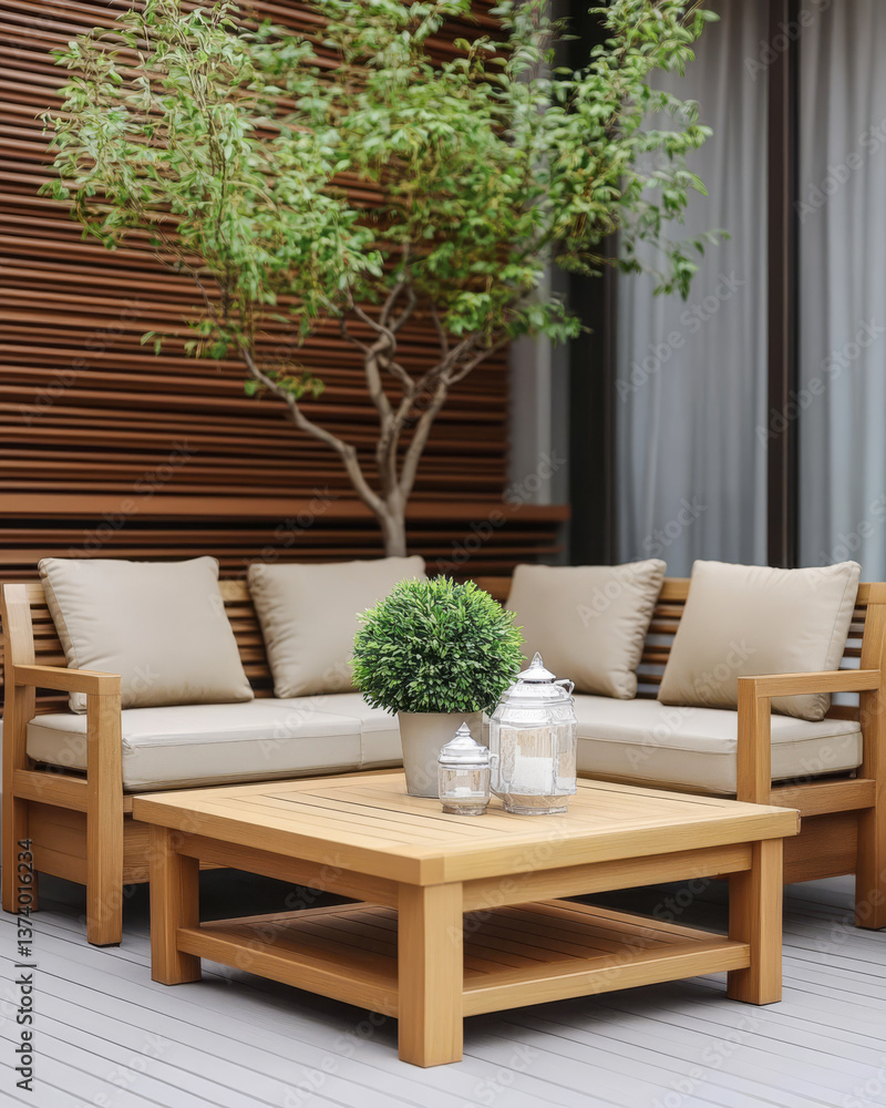 Fototapeta premium Modern outdoor seating area with plants and decorative elements in a cozy setting