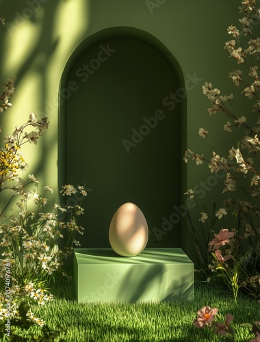 Egg Placed on Pastel Pedestal Surrounded by Blooming Flowers in Soft Natural ...