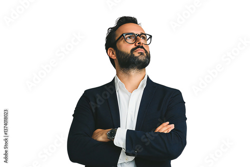 Confident man in blazer with glasses looking up, isolated on transparent background