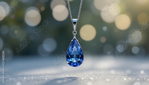 Elegant sterling silver necklace with a teardrop sapphire pendant.