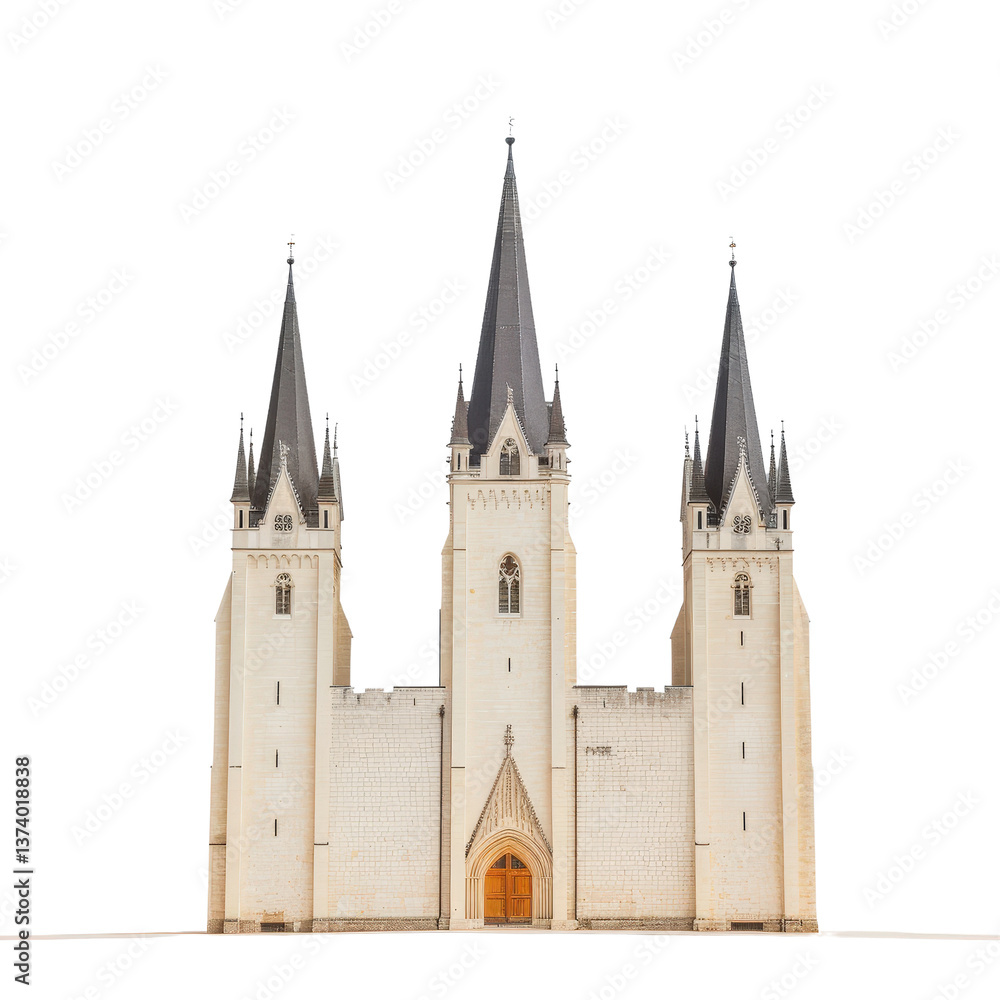 Fototapeta premium Majestic Gothic Cathedral with Three Tall Spires Against Clear Blue Sky