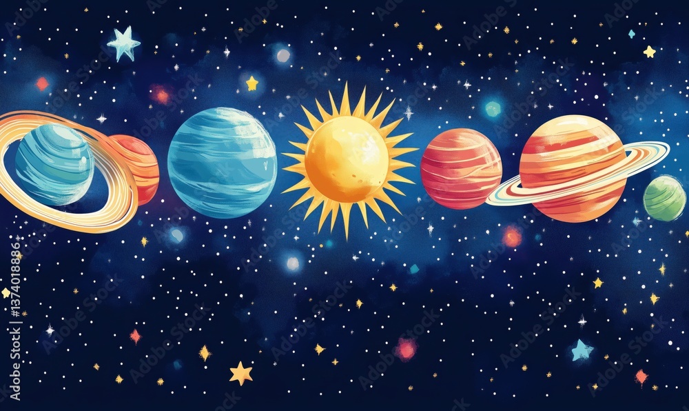 Naklejka premium Colorful Solar System Illustration Featuring Planets and Sun in Starry Background