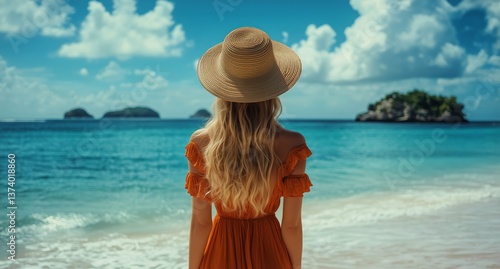Woman in Straw Hat Gazing at Tranquil Ocean and Islands During a Sunny Day