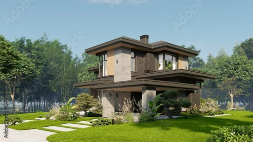 4K video rendering of modern two story house with gray and wood accents, large windows for sale or rent in luxurious style. Clear sunny summer day with blue sky.