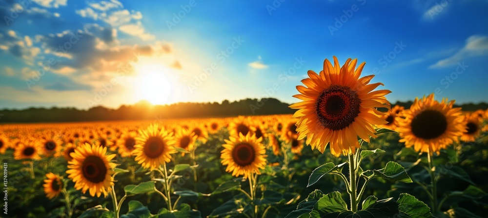 Fototapeta premium Sunflower Field Under Blue Sky With Bright Sun During Golden Hour in Summer