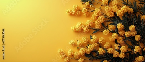 Bright Yellow Mimosa Flowers Arranged on a Vibrant Background in a Creative F...