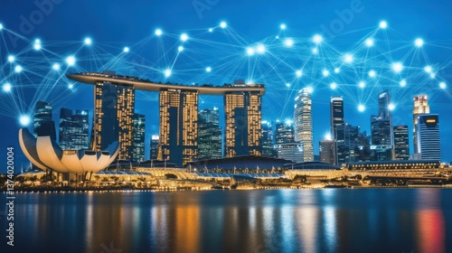 Singapore skyline, night network, digital future