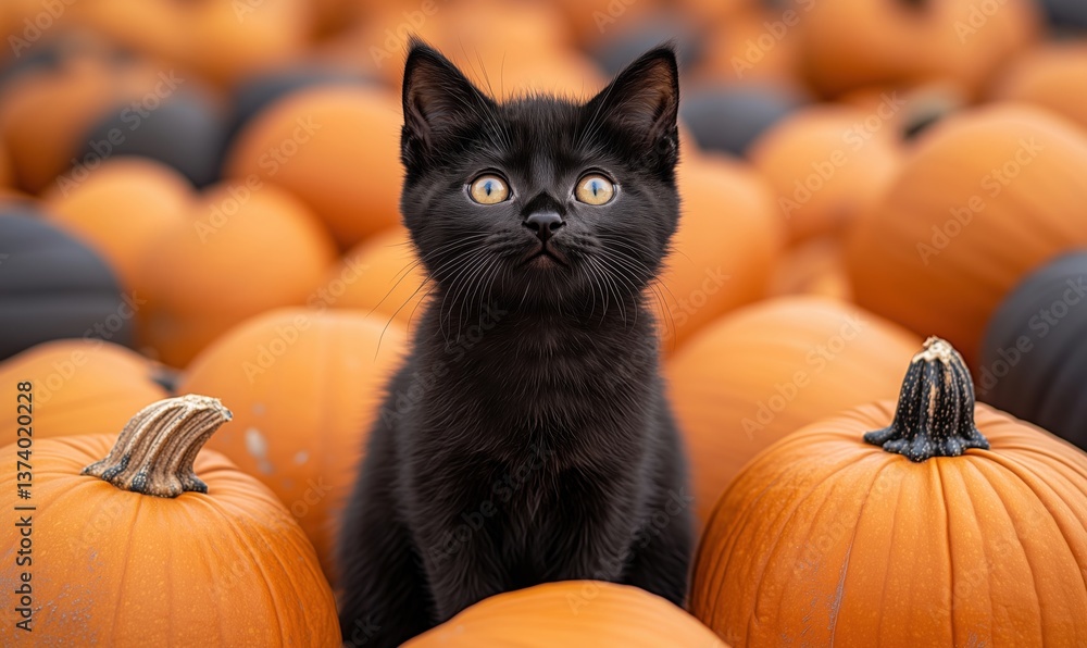 Black cat sitting among vibrant orange pumpkins in autumn harvest setting Black cat sitting among vibrant orange pumpkins in autumn harvest setting