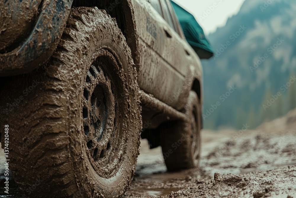 A close-up of muddy tires on a rugged SUV, with the roof tent barely visible in the background