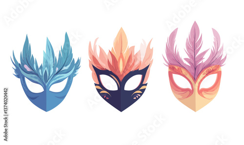 Colorful Feathered Masquerade Masks Collection in Minimalist Vector Style