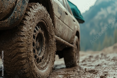 Obraz na płótnie A close-up of muddy tires on a rugged SUV, with the roof tent barely visible in the background w salonie