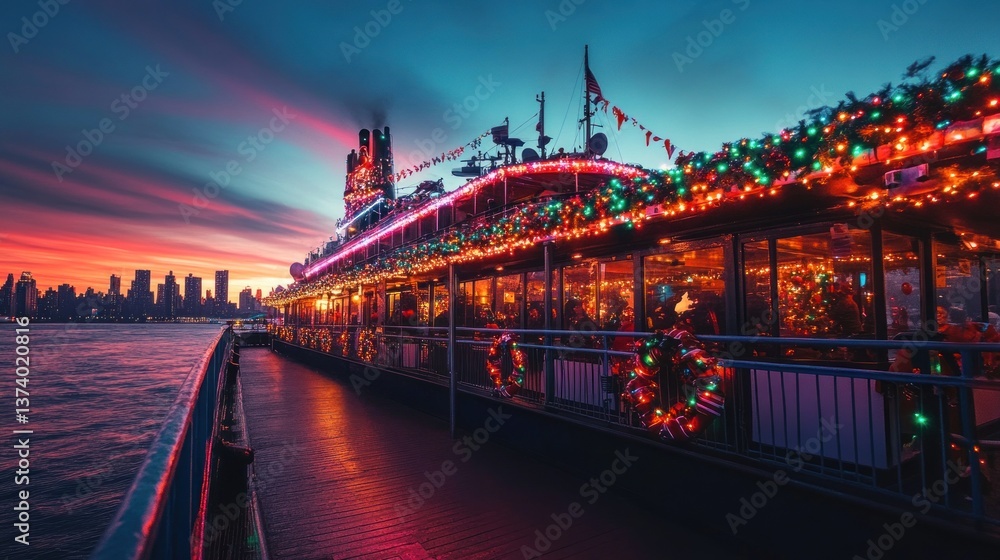 Obraz premium Festive Christmas boat cruise, city skyline sunset