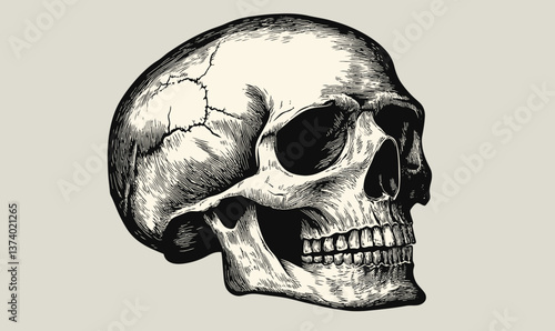 Vintage Woodcut Human Skull Illustration: Minimalist Vector Art for Graphic Design
