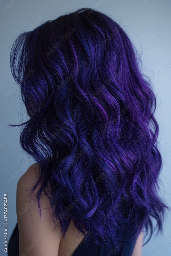 Rear portrait of a woman with voluminous wavy dark purple hair, styled in soft curls and illuminated by cool lighting. Rear portrait of a woman with voluminous wavy dark purple hair, styled in soft curls and illuminated by cool lighting.