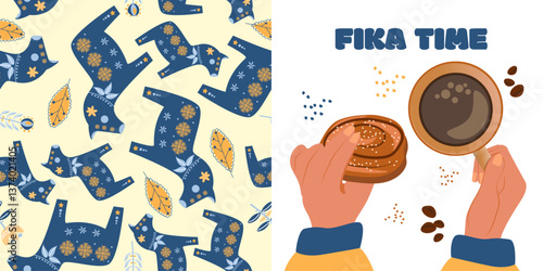 Fika Time. Hands Holding a Cup of Coffee and Kanelbulle. Dala Swedish Horse seamless pattern.Concept of a Cozy Coffee Time. Scandinavian. Vector Illustration.