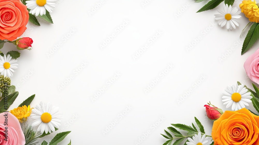 A vibrant floral frame border featuring a mix of roses, daisies, and greenery, offering a bold and lively design for adding charm to any creative project. A vibrant floral frame border featuring a mix of roses, daisies, and greenery, offering a bold and lively design for adding charm to any creative project.