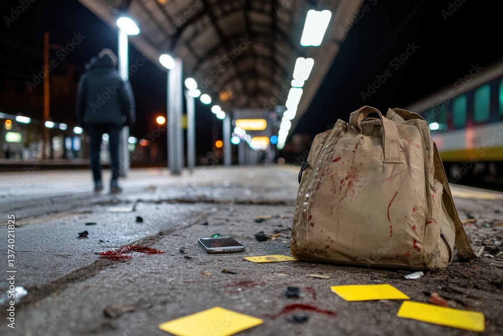 Obraz premium An eerie scene of a train station at night, showcasing a bloodied backpack on the ground, evoking feelings of tension and mystery amidst an empty platform.