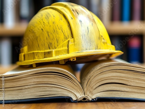 Safety Helmet on Open Book in Library