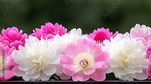 A vibrant peony border with bold pink and white flowers, ideal for springtime promotional materials or garden center advertisements.
