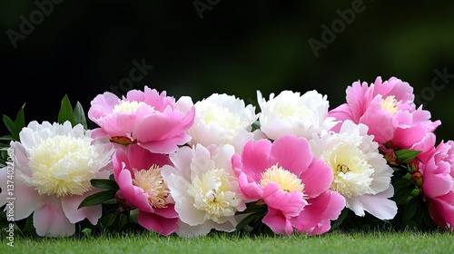 A vibrant peony border with bold pink and white flowers, ideal for springtime promotional materials or garden center advertisements.
