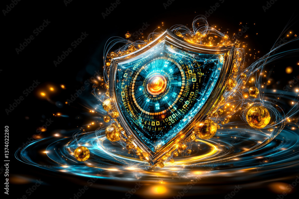 Fototapeta premium glowing neon blue 3D shield surrounded by swirling golden orbs and digital elements, creating futuristic and dynamic visual effect. shield symbolizes protection and security