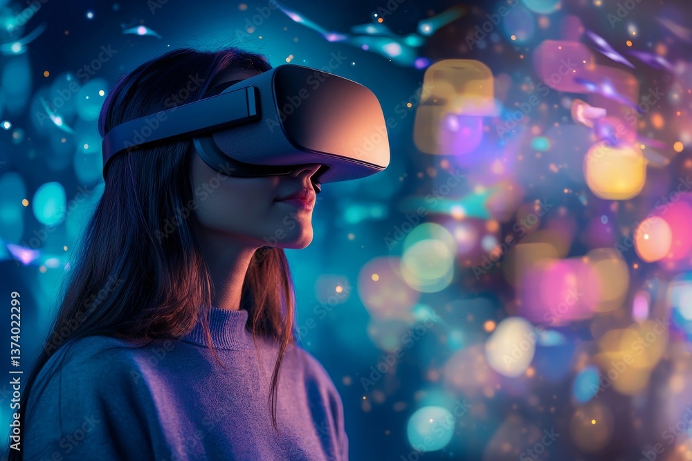 A portrait of a young woman in a VR headset showcases her exploration of the metaverse's virtual space, conveying a concept of futuristic entertainment and gaming through her amazed expression A portrait of a young woman in a VR headset showcases her exploration of the metaverse's virtual space, conveying a concept of futuristic entertainment and gaming through her amazed expression