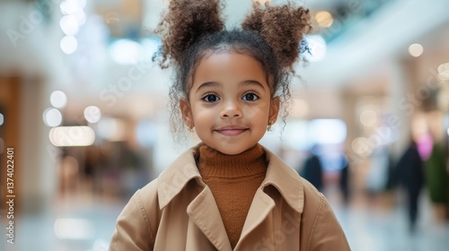 A delighted girl with curly hair poses confidently in a stylish coat, illuminated by mall lights, reflecting the joy and excitement of childhood amidst contemporary urban design.