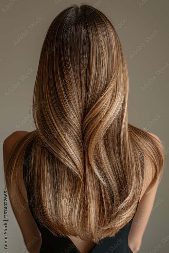 Fototapeta premium Rear portrait of a woman with long, smooth brunette hair featuring golden highlights, styled in soft layers against a neutral background.